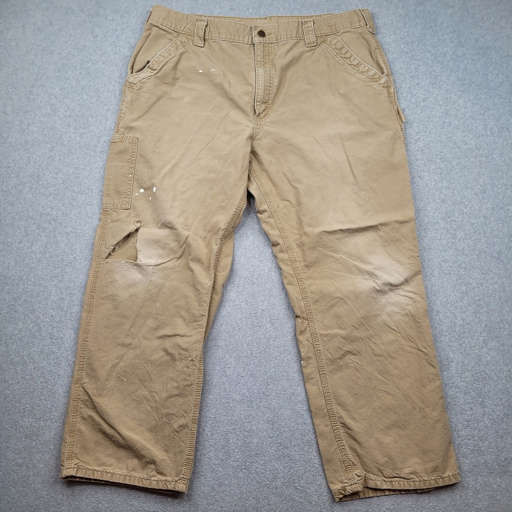 Carhartt Carpenter Pants Mens 38x30 Tan Distressed Dungaree Fit Canvas Workwear